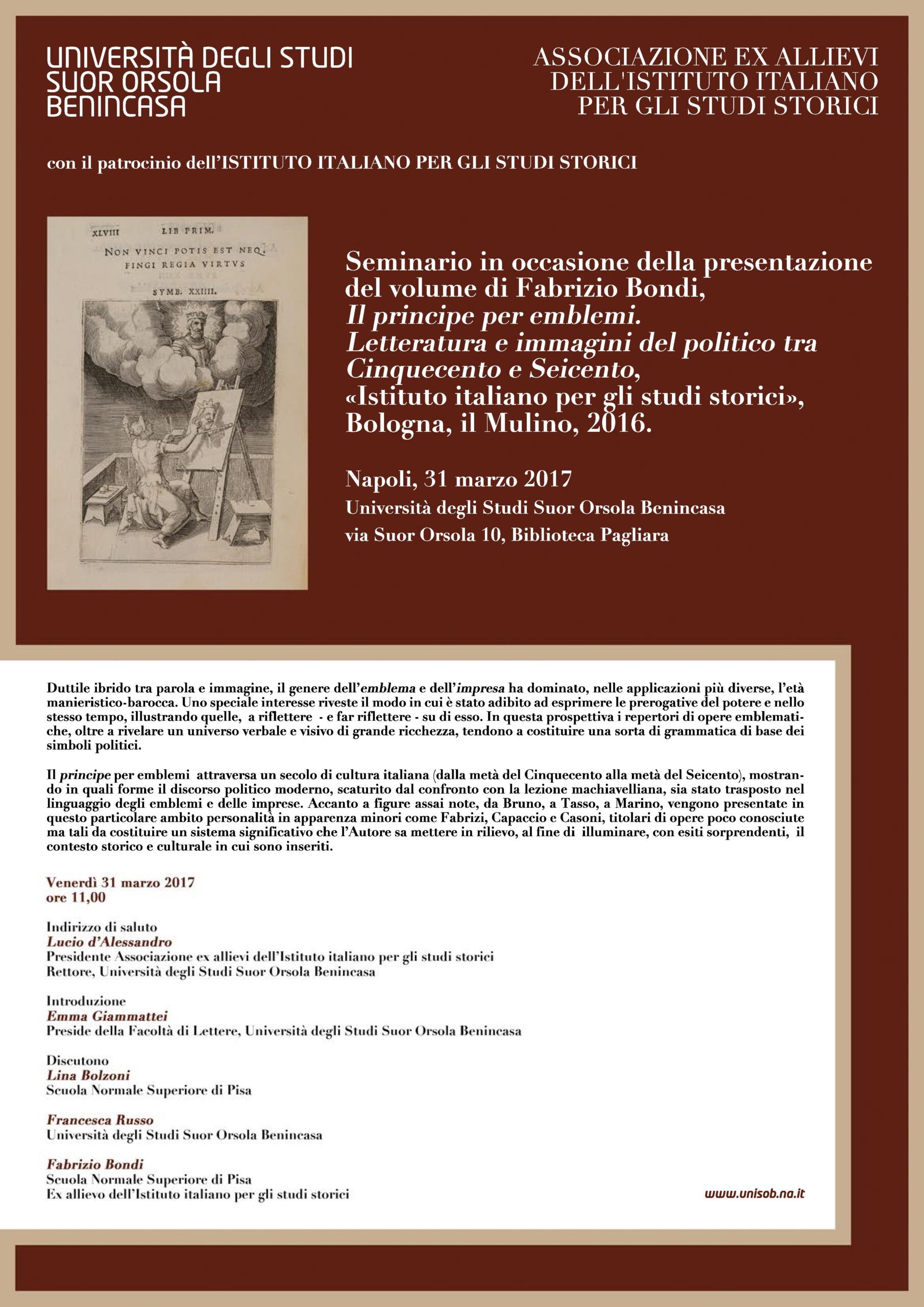 Seminario in occasione della presentazione del volume di Fabrizio Bondi “Il principe per emblemi. Letteratura e immagini del politico tra Cinquecento e Seicento”