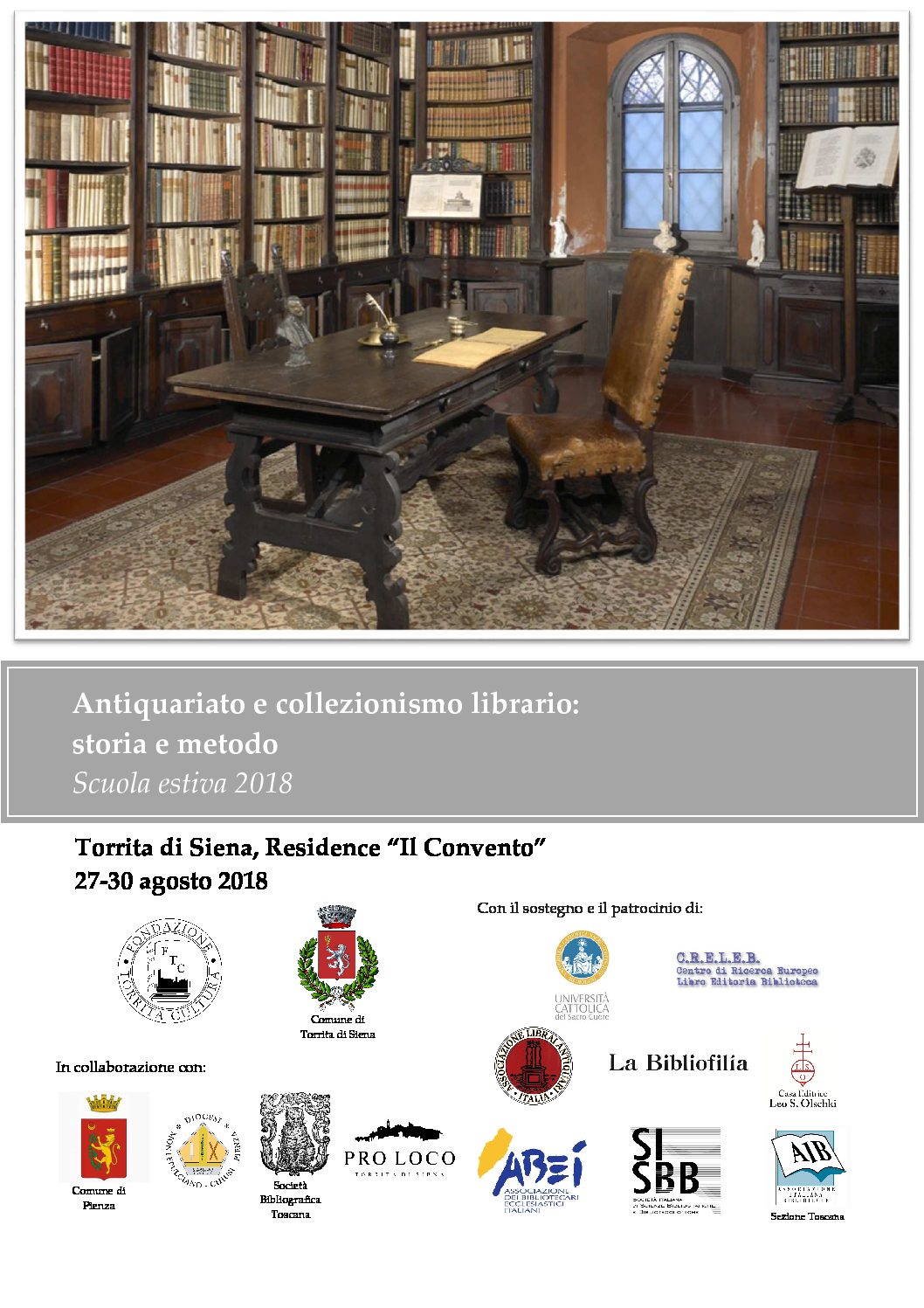 Scuola estiva dedicata al libro antico. Fondazione Torrita Cultura e Centro di Ricerca Europeo Libro Editoria Biblioteca (CRELEB) dell’Università Cattolica di Milano.