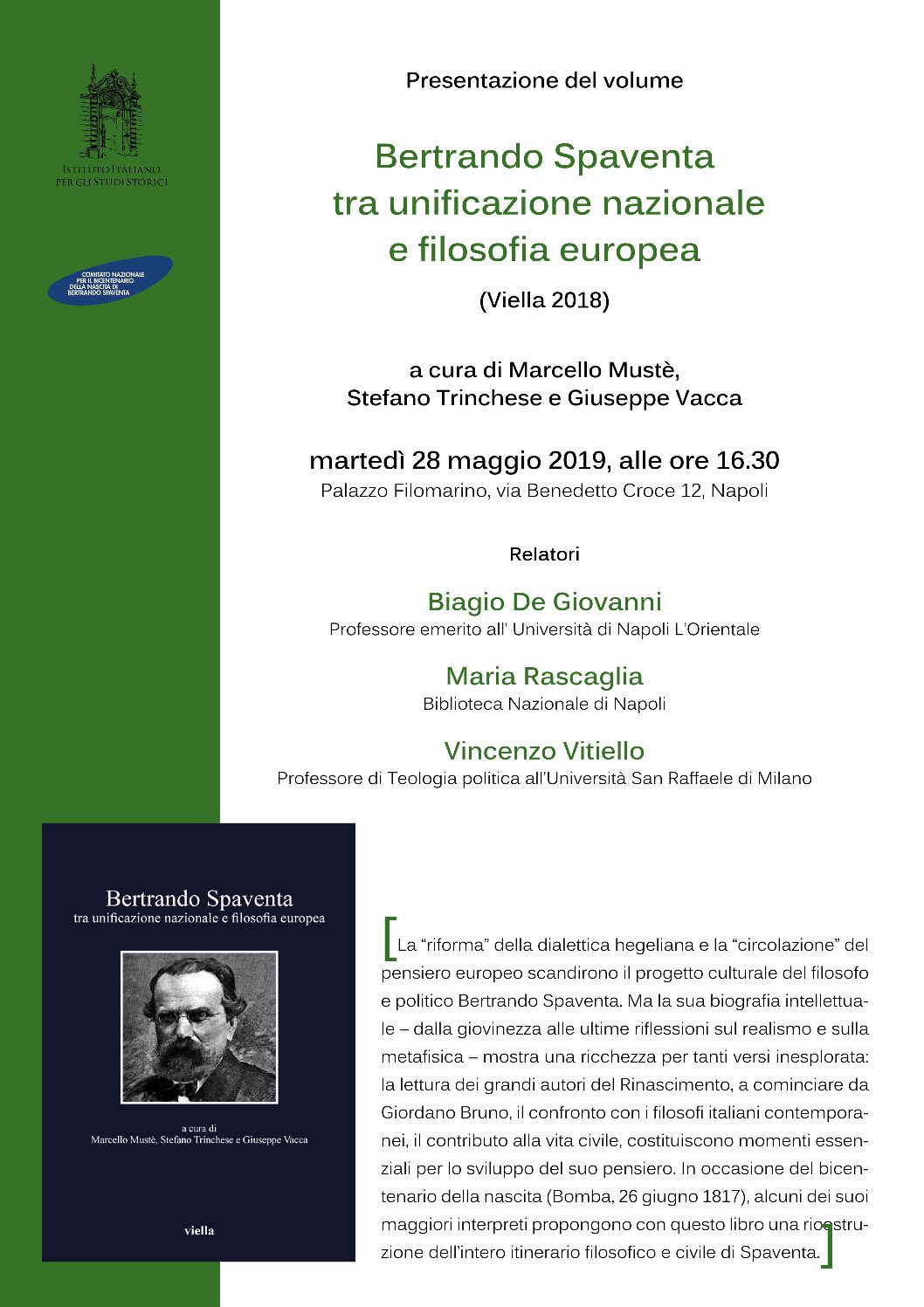 Presentazione volume Bertrando Spaventa tra unificazione nazionale e filosofia europea – martedì 28 maggio 2019
