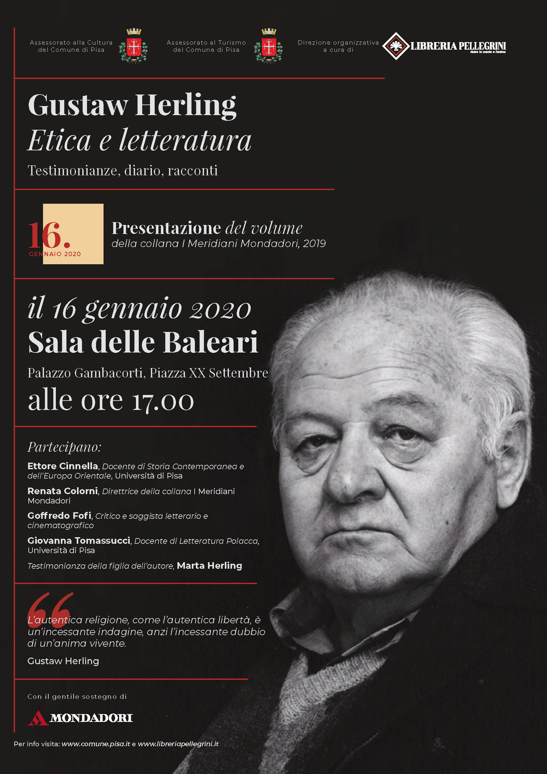Gustav Herling, Etica e letteratura. Testimonianze, diario, racconti. – Presentazione del volume della raccolta I Meridiani – Pisa, 16/01/2020
