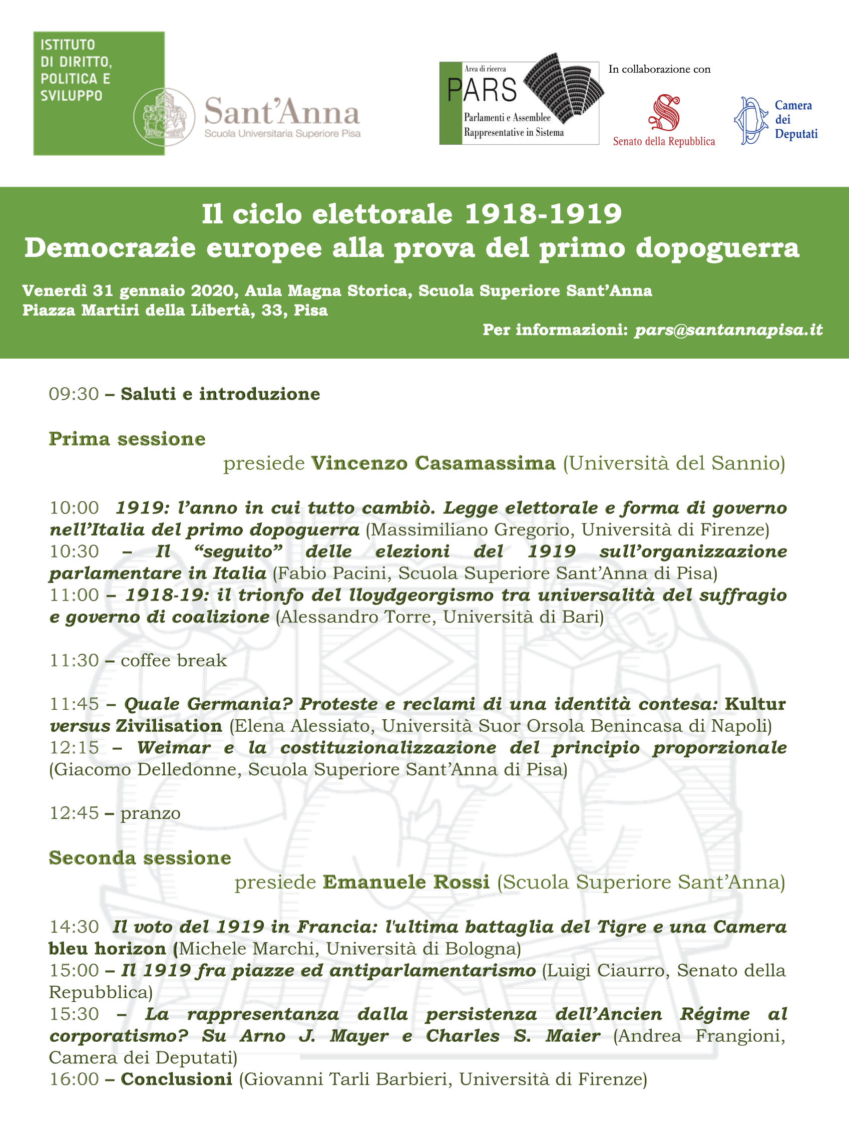Il ciclo elettorale 1918-1919. Democrazie europee alla prova del primo dopoguerra. Pisa, venerdì 31 gennaio