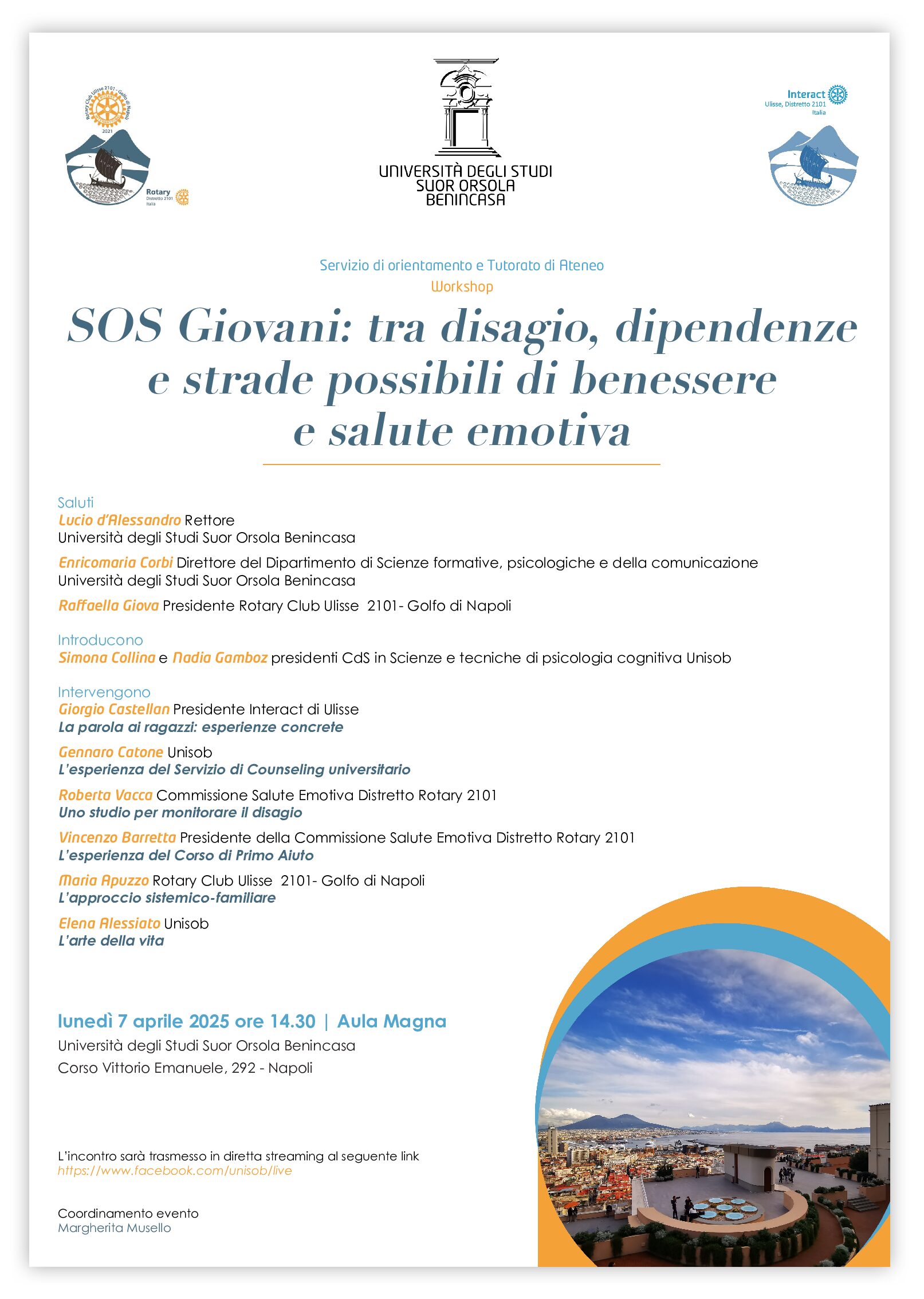 SOS Giovani: tra disagio, dipendenze e strade possibili di benessere e salute emotiva. – Lunedì 7 aprile 2025, ore 14.30 – UniSOB Napoli
