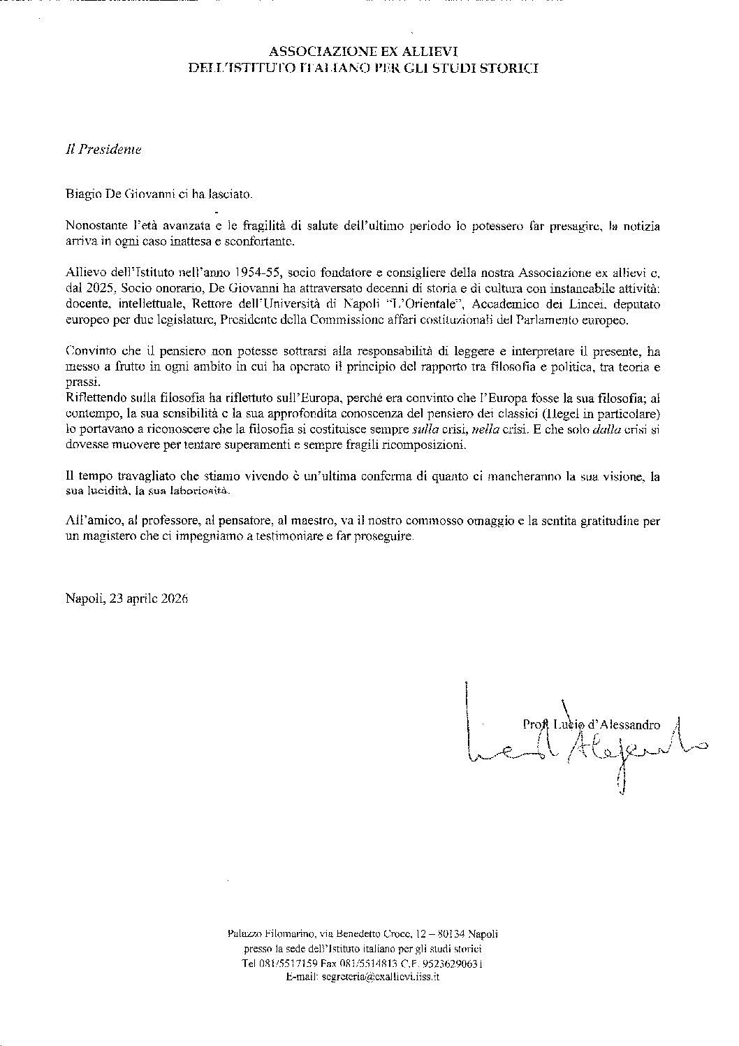 Messaggio del Presidente Prof. Lucio d’Alessandro per Prof. Biagio De Giovanni