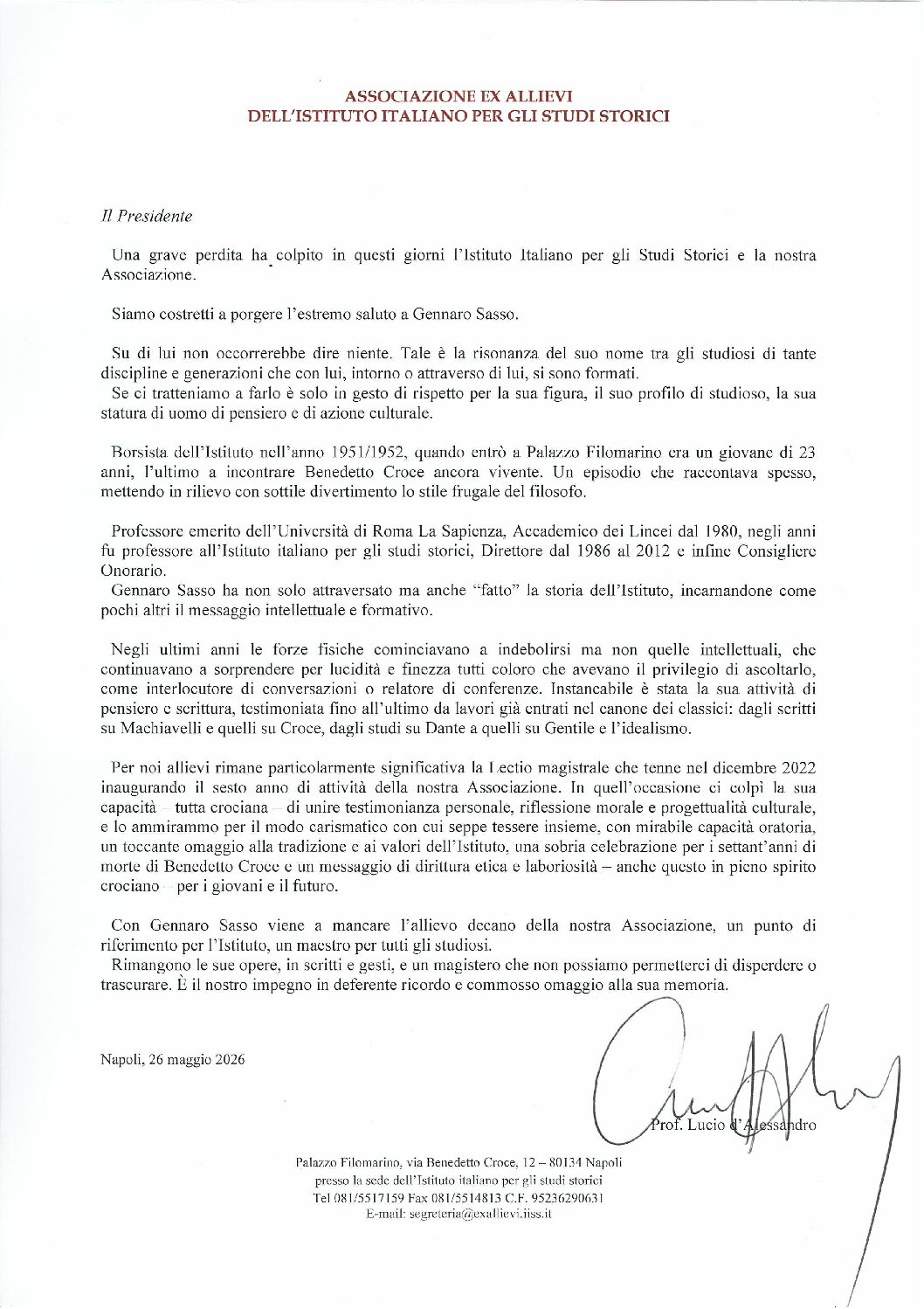 In ricordo del professore Gennaro Sasso – messaggio del Presidente Lucio d’Alessandro